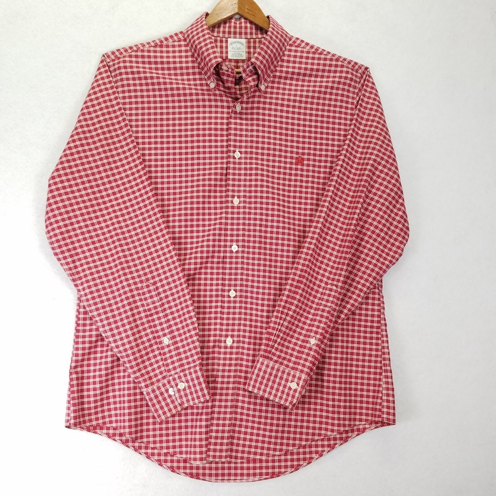 Vintage Brooks Brothers Original Polo Shirt Men L Red Plaid Check Long Sleeve